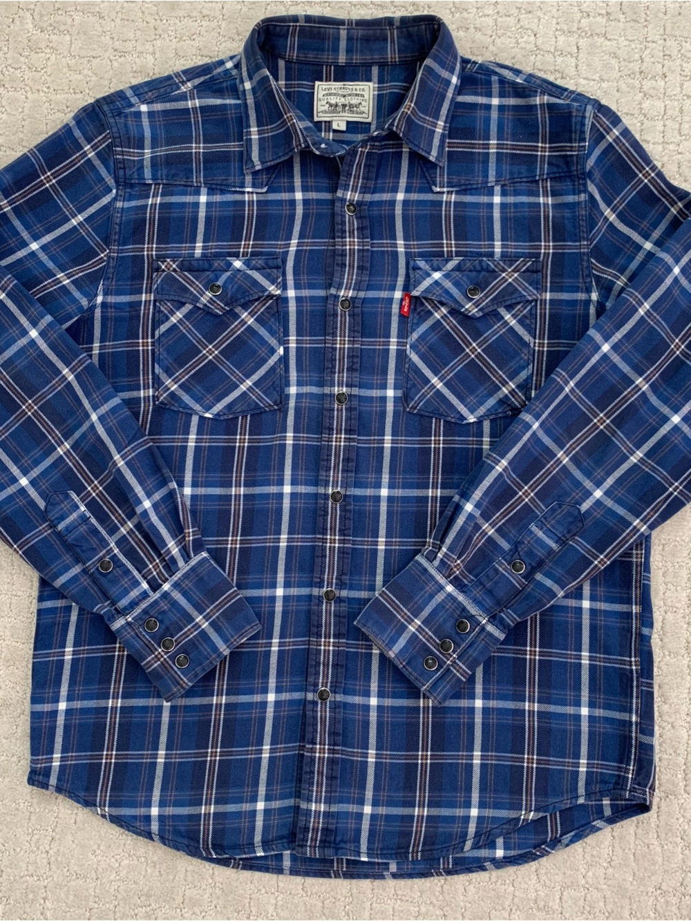 Levi's Blue Plaid Long-Sleeve Snap Button-Down Shirt Size L Thick Cotton